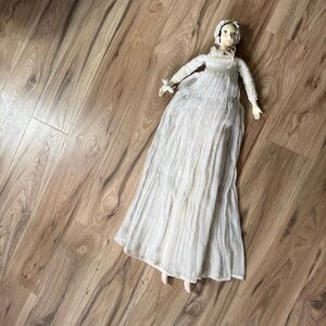 Vintage White Hand-Painted Wooden Doll with Bonnet Empire Waist Long Muslin Gown
